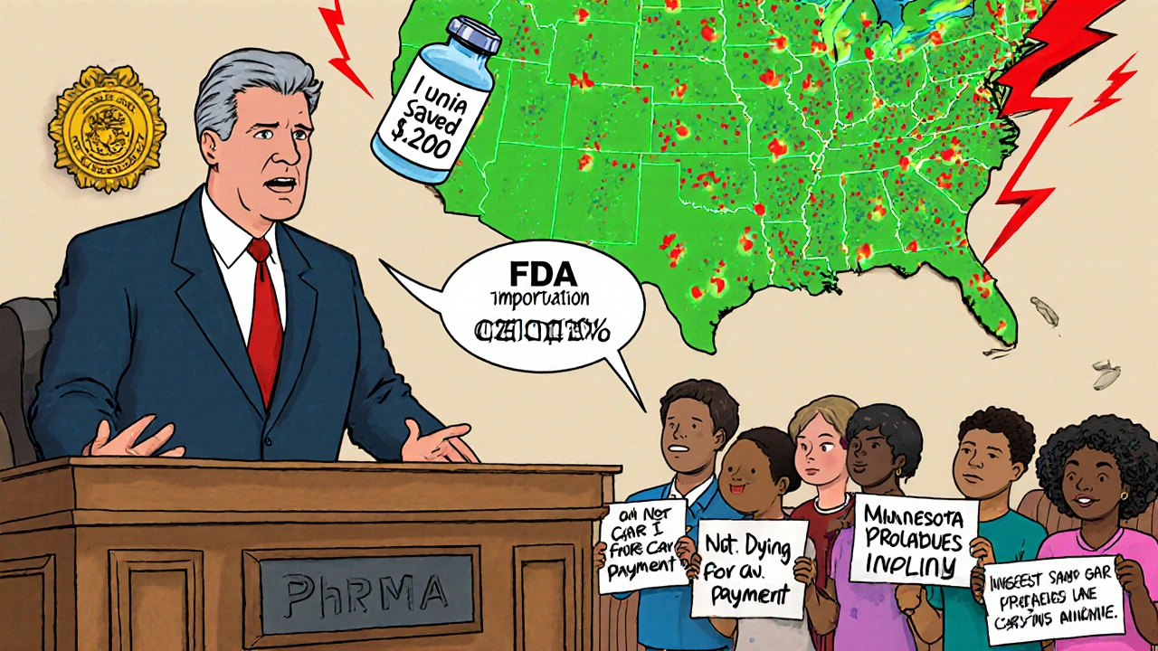 A courtroom scene with a PhRMA lobbyist made of money, patients holding savings signs, and U.S. states with green importation programs.