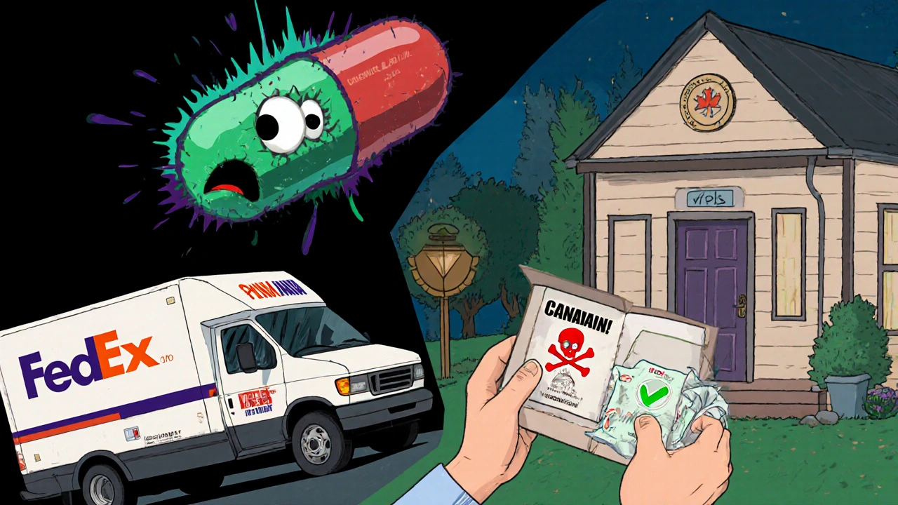 A glitchy counterfeit pill truck drops dangerous pills while a Canadian pharmacy delivers safe generics to a porch.