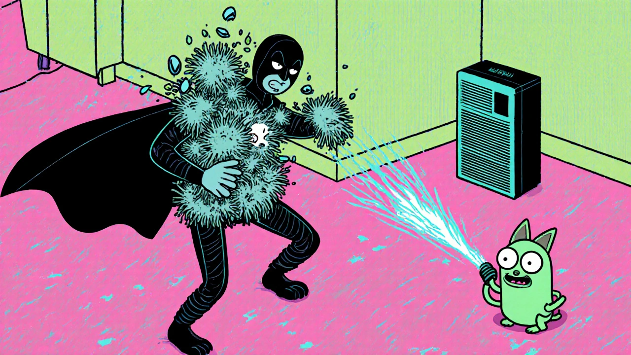 A heroic vacuum fighting a dander monster on the carpet, with a tiny air purifier watching nearby.