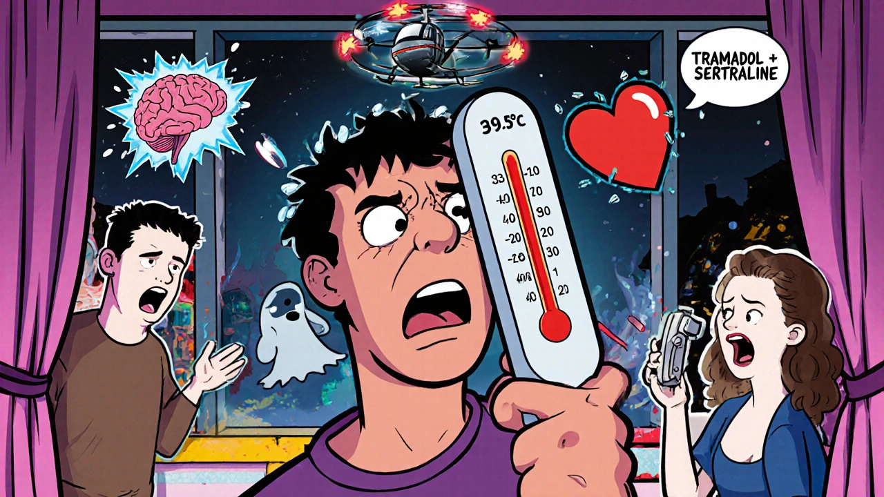 A man with a fever thermometer in his head, surrounded by symbols of serotonin syndrome as his wife calls for help.