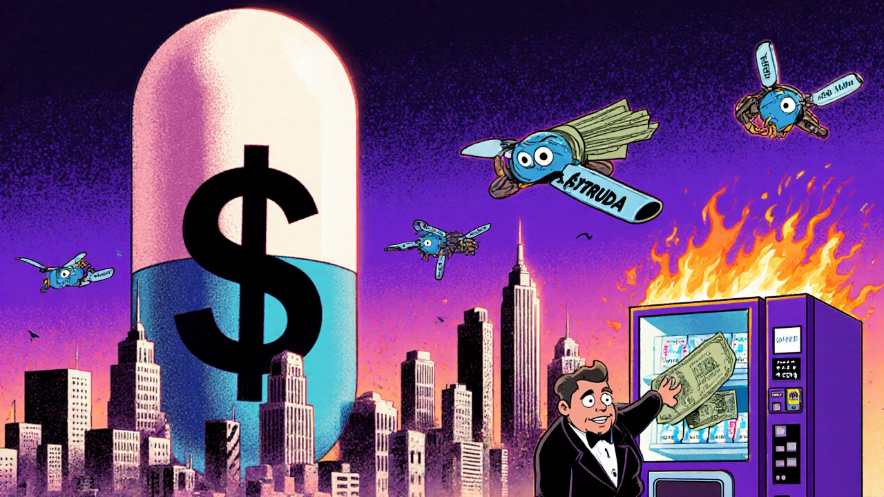 A monstrous Keytruda pill casts a dollar-sign shadow as biosimilar drones fly in with coupons.