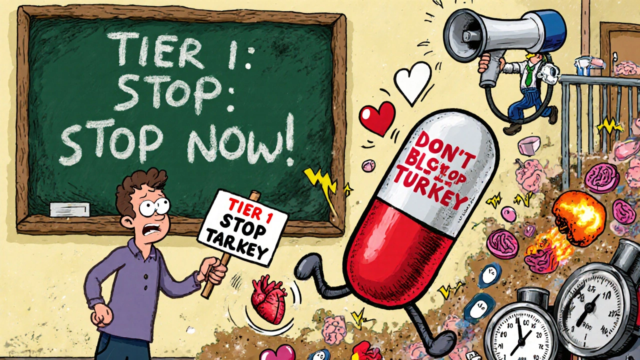 A patient frozen as a pill runs away, causing exploding hearts and brain zaps, with a pharmacist shouting from above.