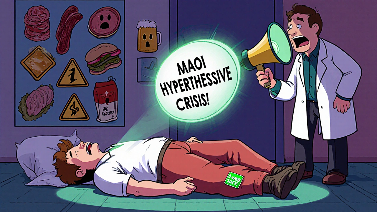 A patient in an ER is saved by a giant nifedipine tablet while dangerous foods scream in the background.