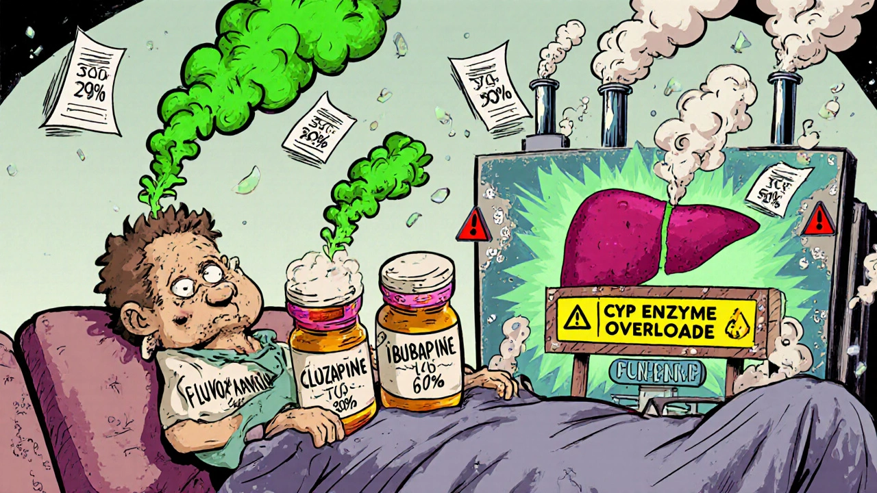 A patient overwhelmed by toxic smoke from interacting pills, his liver as a smoking factory with warning signs.