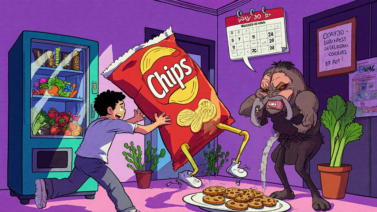 A person chasing a running bag of chips while a fridge dispenses healthy food and hormones fight over cookies.