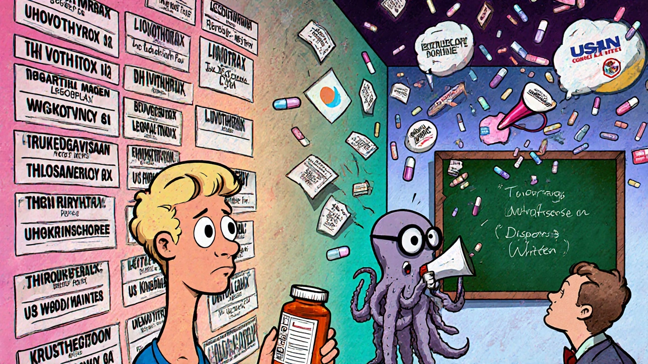 A person confused by similar generic drug names, watched by a cartoon octopus editing labels, with insurance logos falling from above.