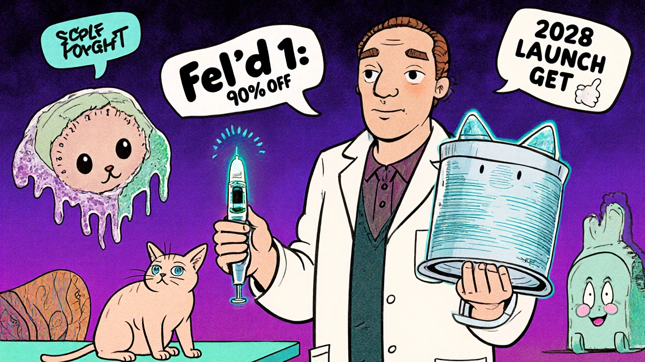 A scientist injecting a cat with CRISPR, while floating text shows &#039;Fel d 1: 90% OFF&#039; and a melting clock.