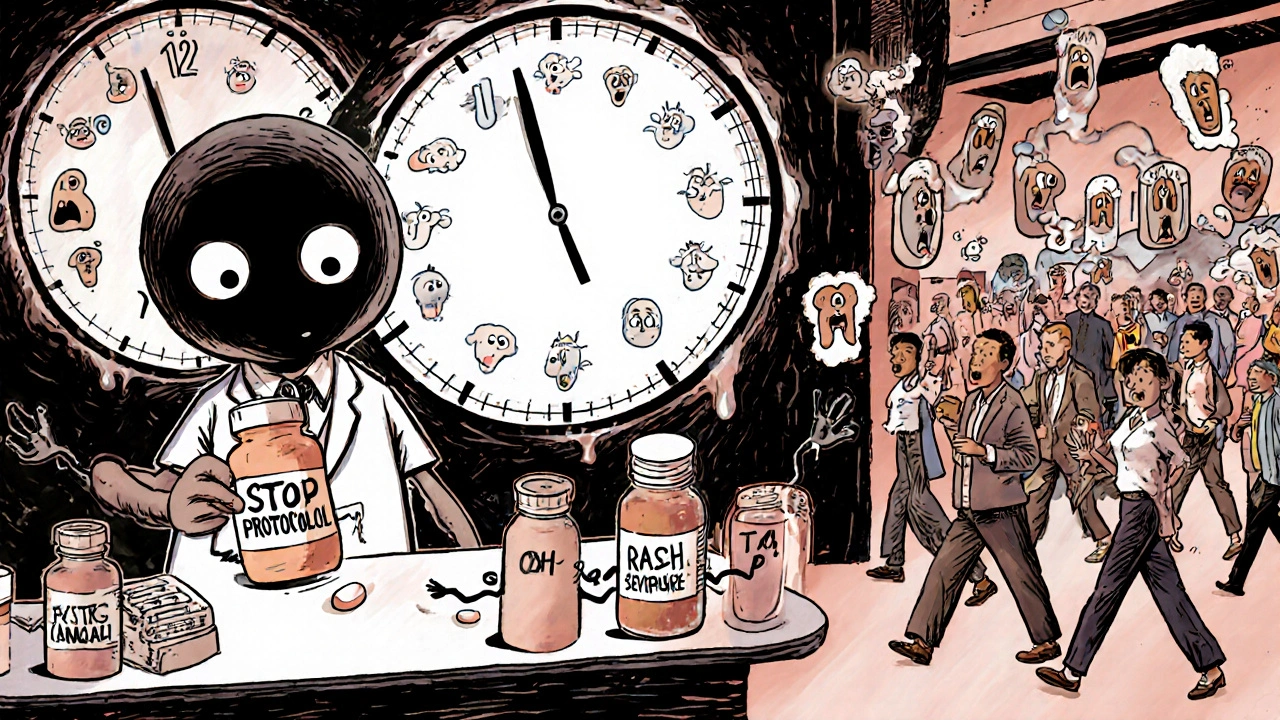 A surreal pharmacy counter with a giant-headed pharmacist handing a &#039;STOP PROTOCOL&#039; pill bottle, melting clock in background.