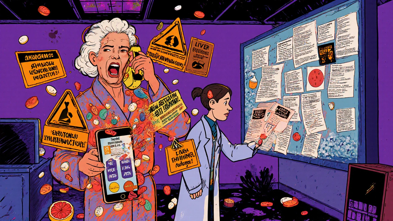 An elderly woman in an ER, her body unraveling into pills and blood cells, with giant warning signs floating around her.