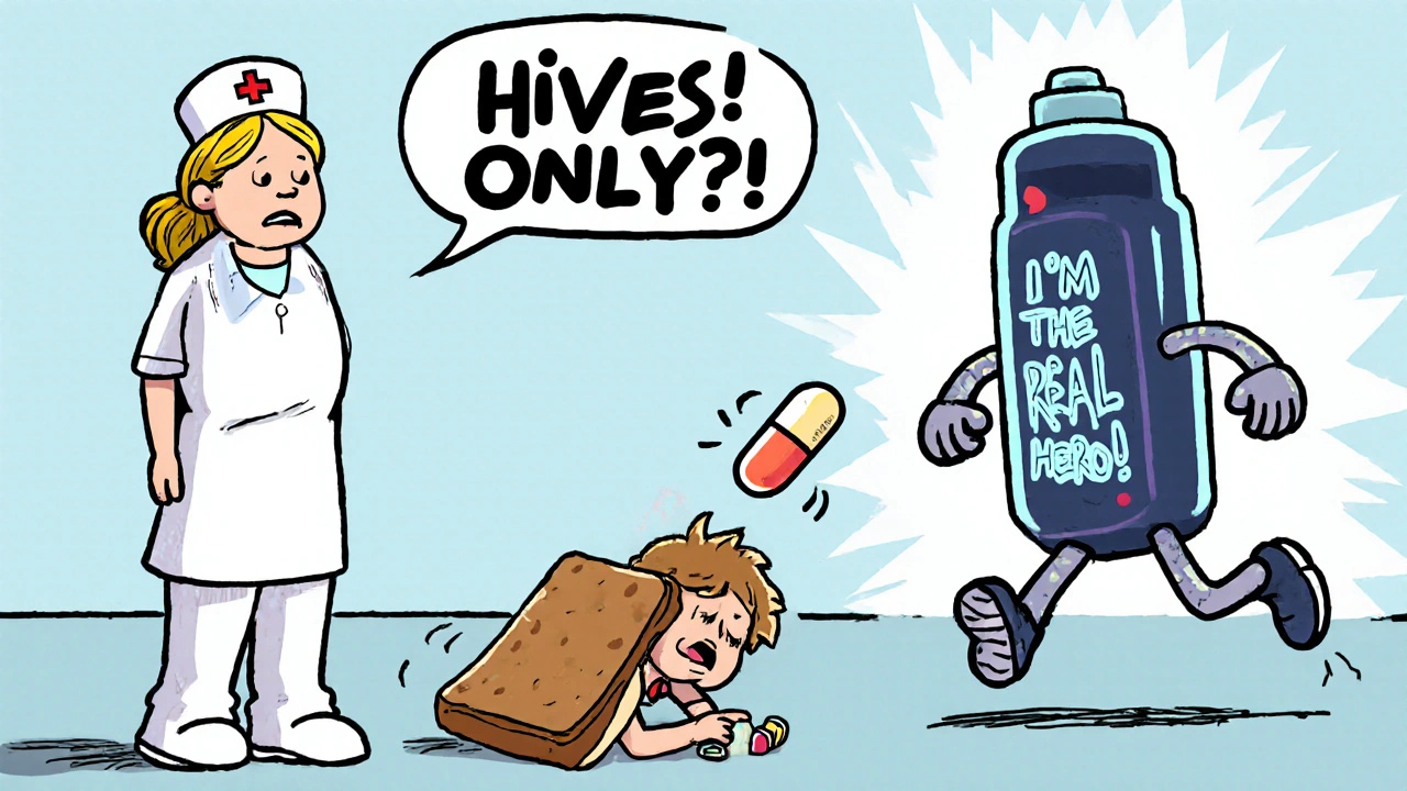 Child having allergic reaction while a tiny antihistamine tries to help, overshadowed by a heroic epinephrine injector.