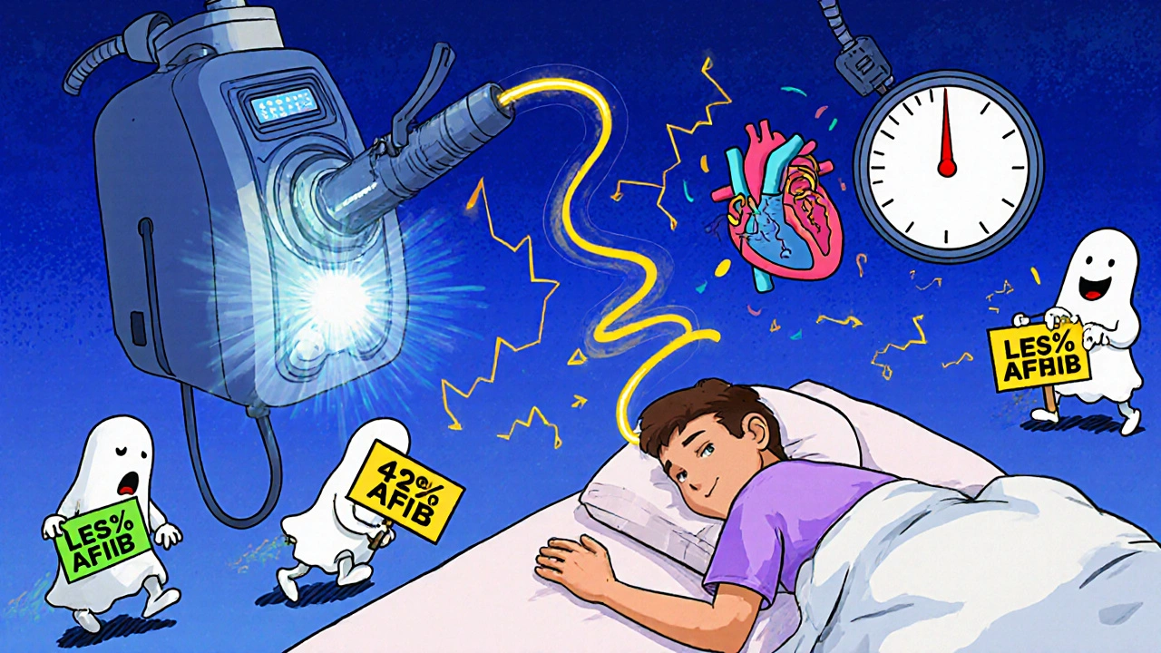 CPAP machine sending healing oxygen waves that calm a chaotic heart rhythm