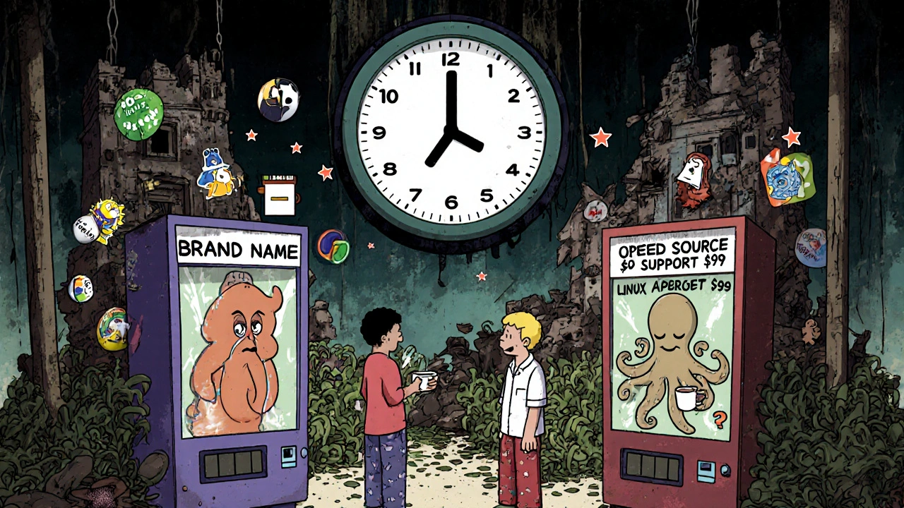 Customers choosing between an expensive brand vending machine and a cheap open-source one.