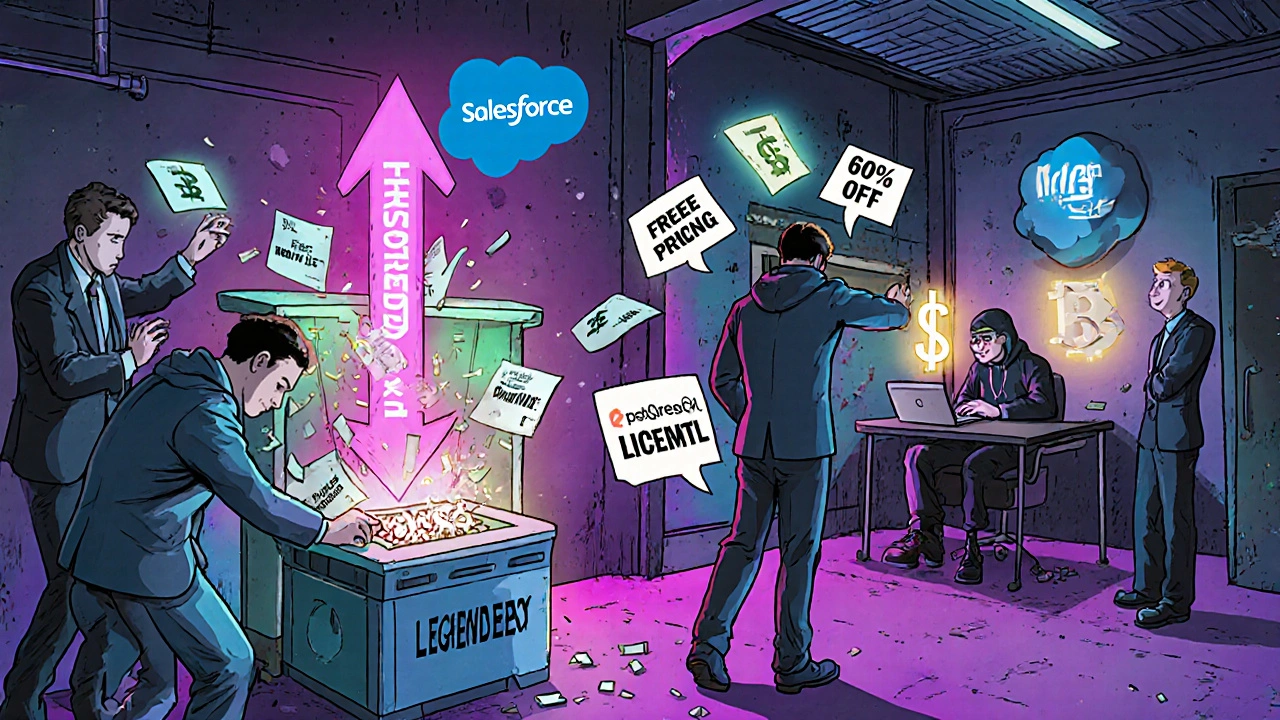 Employees shredding old software licenses while a developer hacks a glowing PostgreSQL server.