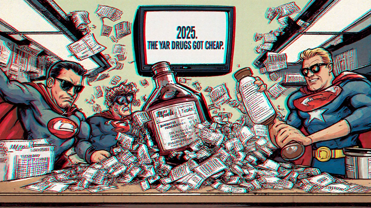 Generic drug barons battle a crumbling pharma titan at a pharmacy counter filled with savings receipts.