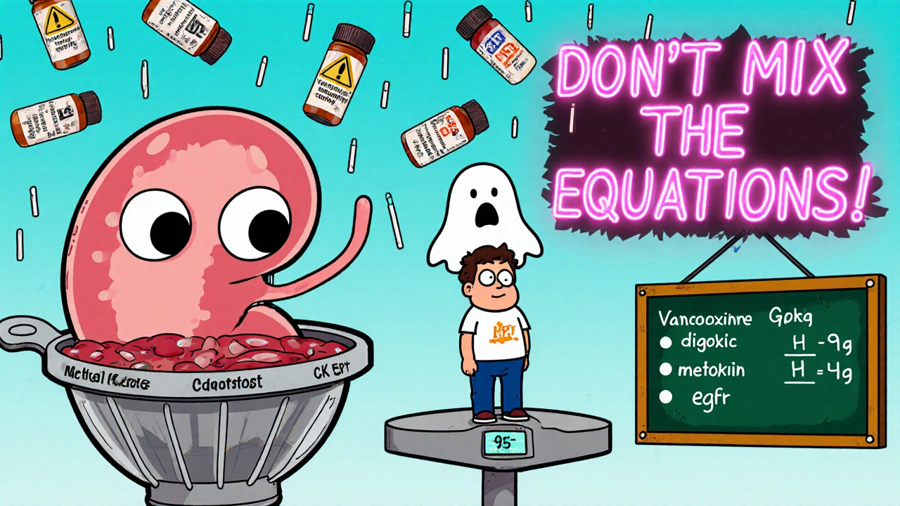 Giant kidney filtering blood with two weight scales and drug bottles floating, cartoon style