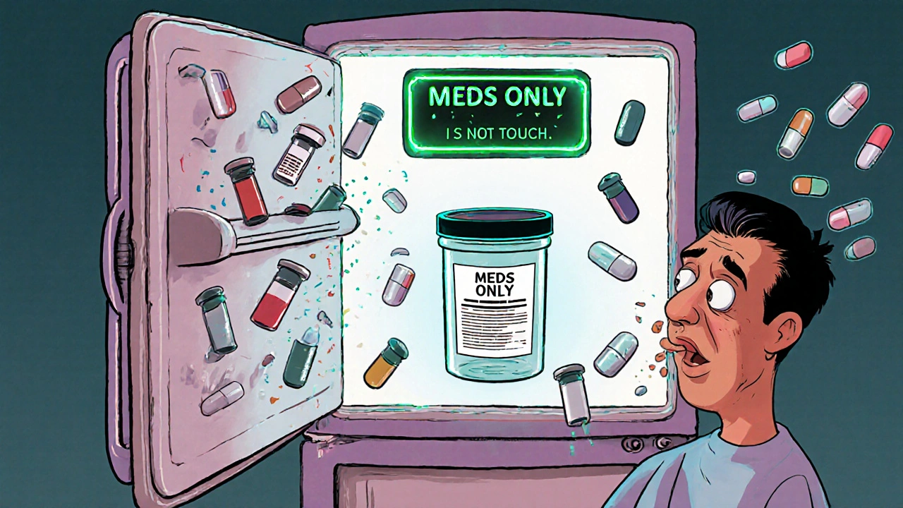 Insulin vials bouncing on a fridge door while safe meds stay centered on the shelf.