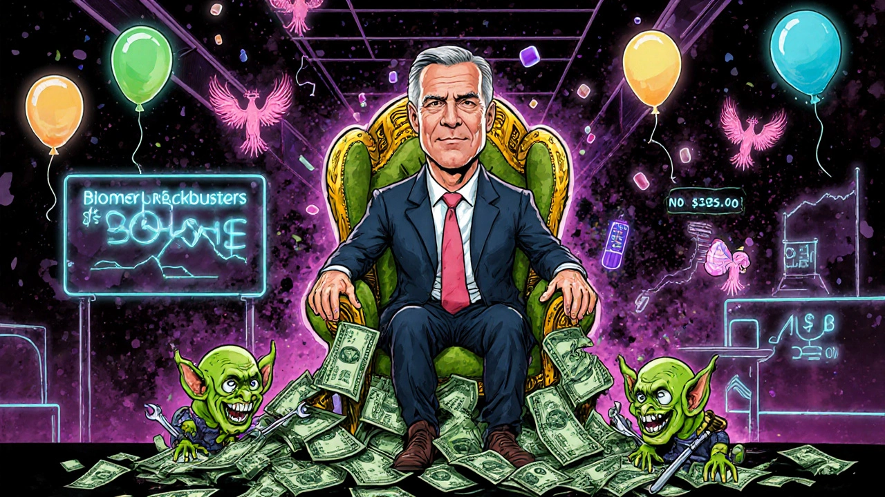 Merck CEO sits on a crumbling throne of Keytruda cash as biosimilar goblins sabotage it, while futuristic drug tech rises behind him.