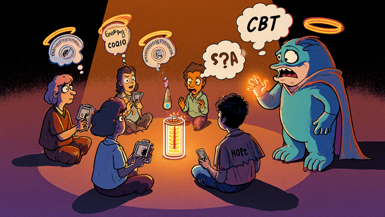 Patients with energy meters gather as one adds CoQ10 to a mitochondria battery, others use pacing timers and CBT therapy.