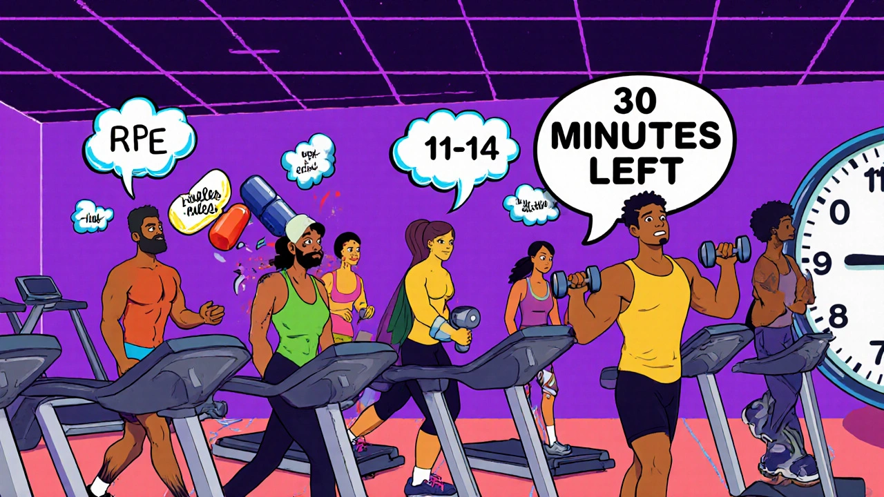 People exercising in a vibrant cardiac rehab center with floating exertion scales and cartoon medical icons.