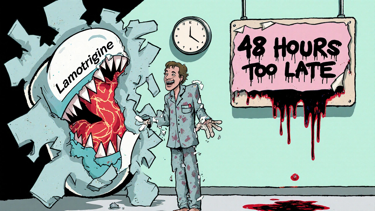 Skin peeling off dramatically as a mocking pill looms, with melting clock and blood-soaked signs in a surreal scene.