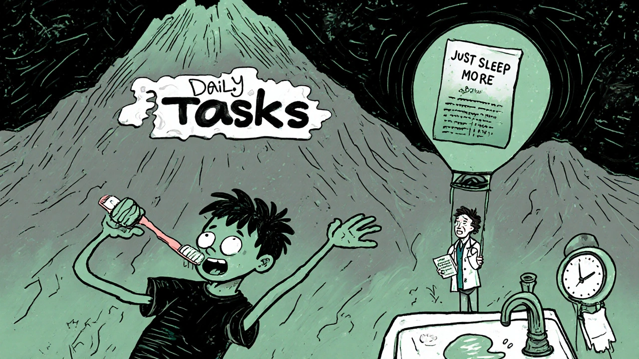 Someone struggling to brush teeth while a mountain of daily tasks towers over them, with a dismissive doctor floating away.