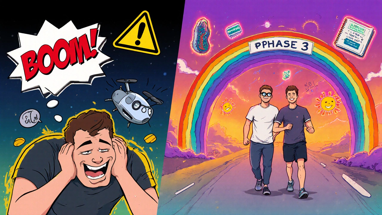 Split scene: one side shows danger signs during exercise, the other shows safe walking with AI and Medicare symbols.