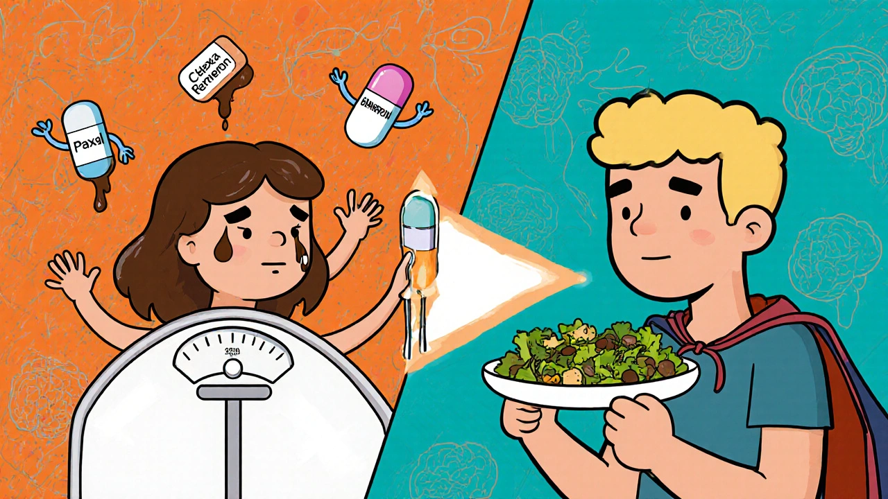 Split scene: patient overwhelmed by weight-gain pills on one side, empowered by bupropion and metformin on the other.