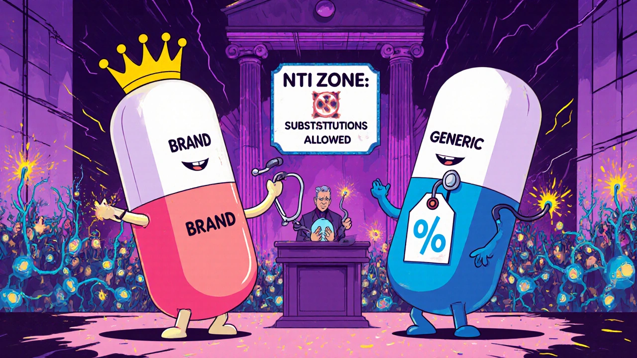 Two giant pills battling in a human brain courtroom while neurons have seizures, under a &#039;No Substitutions&#039; sign.