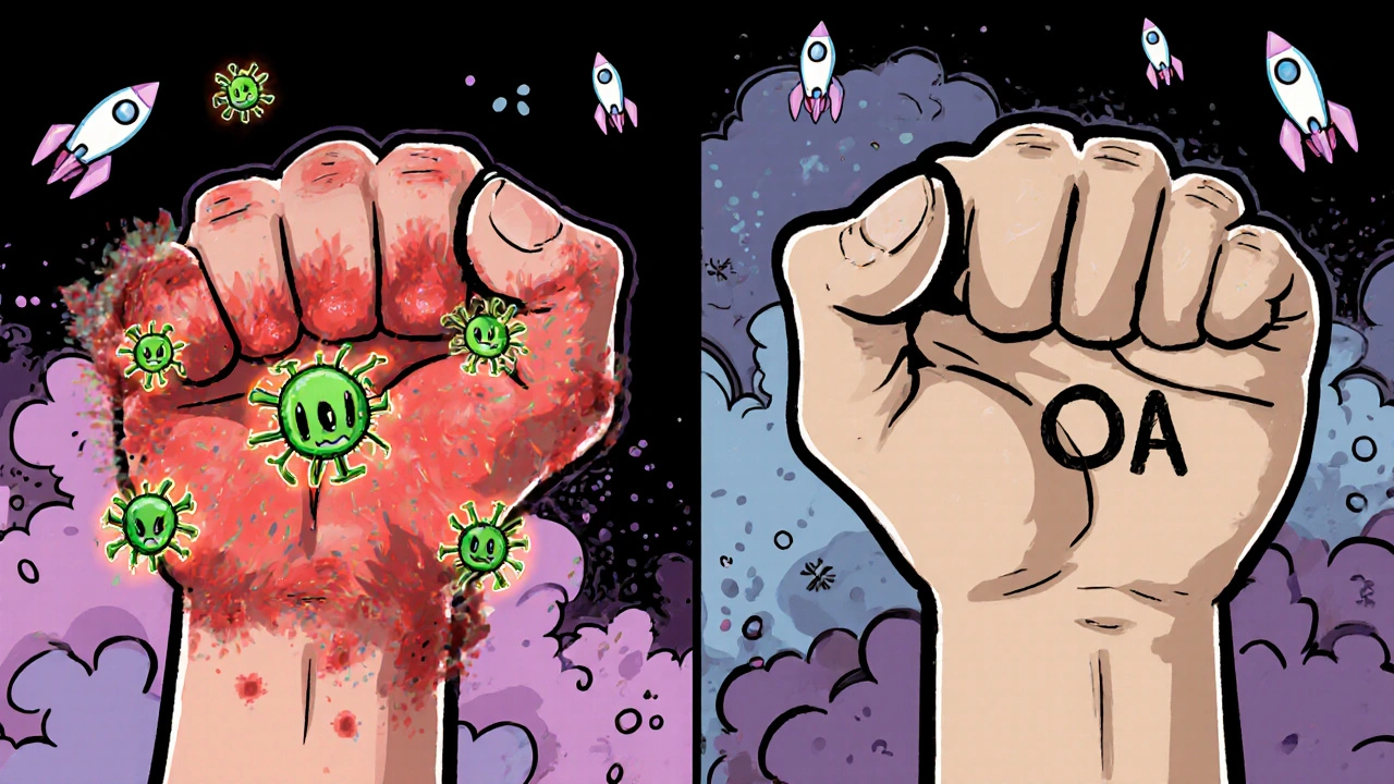 Two hands side by side: one swollen and inflamed, the other bony, with abstract immune cells attacking.