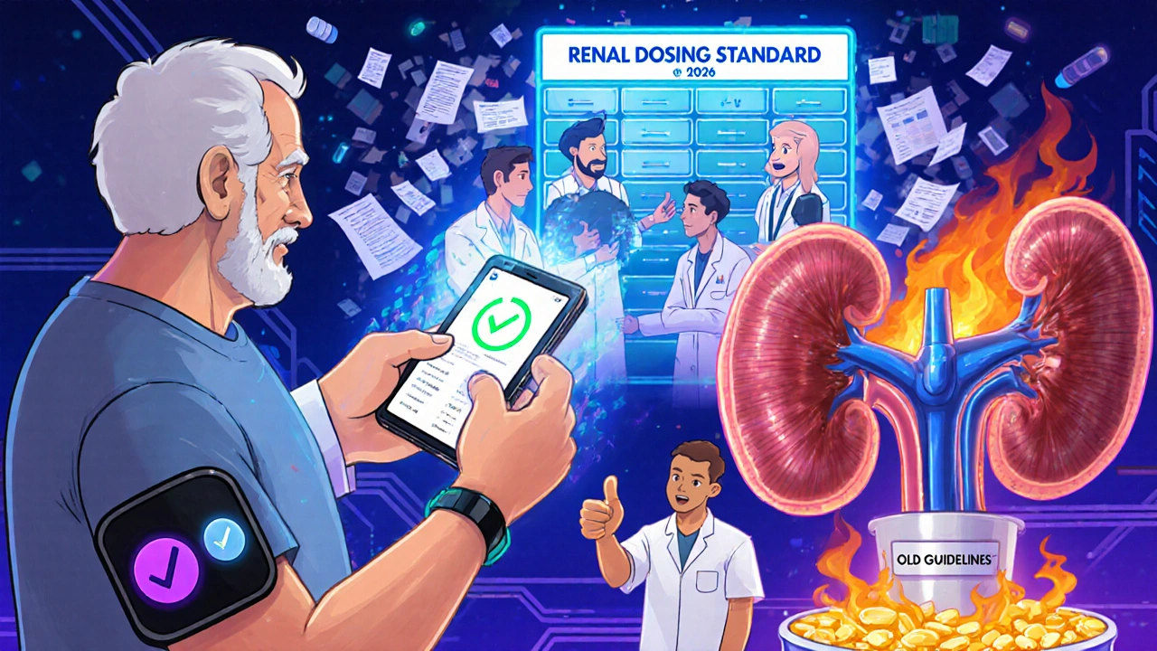 Wearable patch projecting kidney function data on phone, AI avatars debating dosing, 2026 futuristic scene