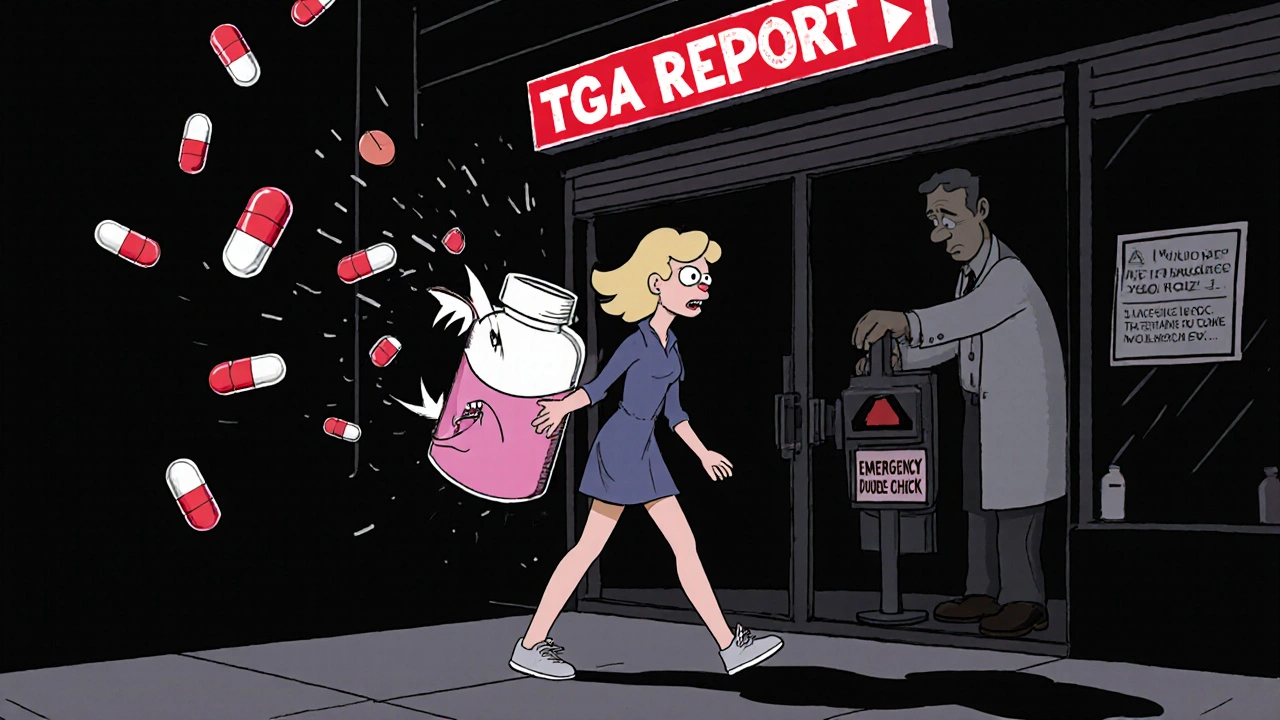 Woman walking from pharmacy as her shadow becomes a monstrous pill, alarms blaring behind her.