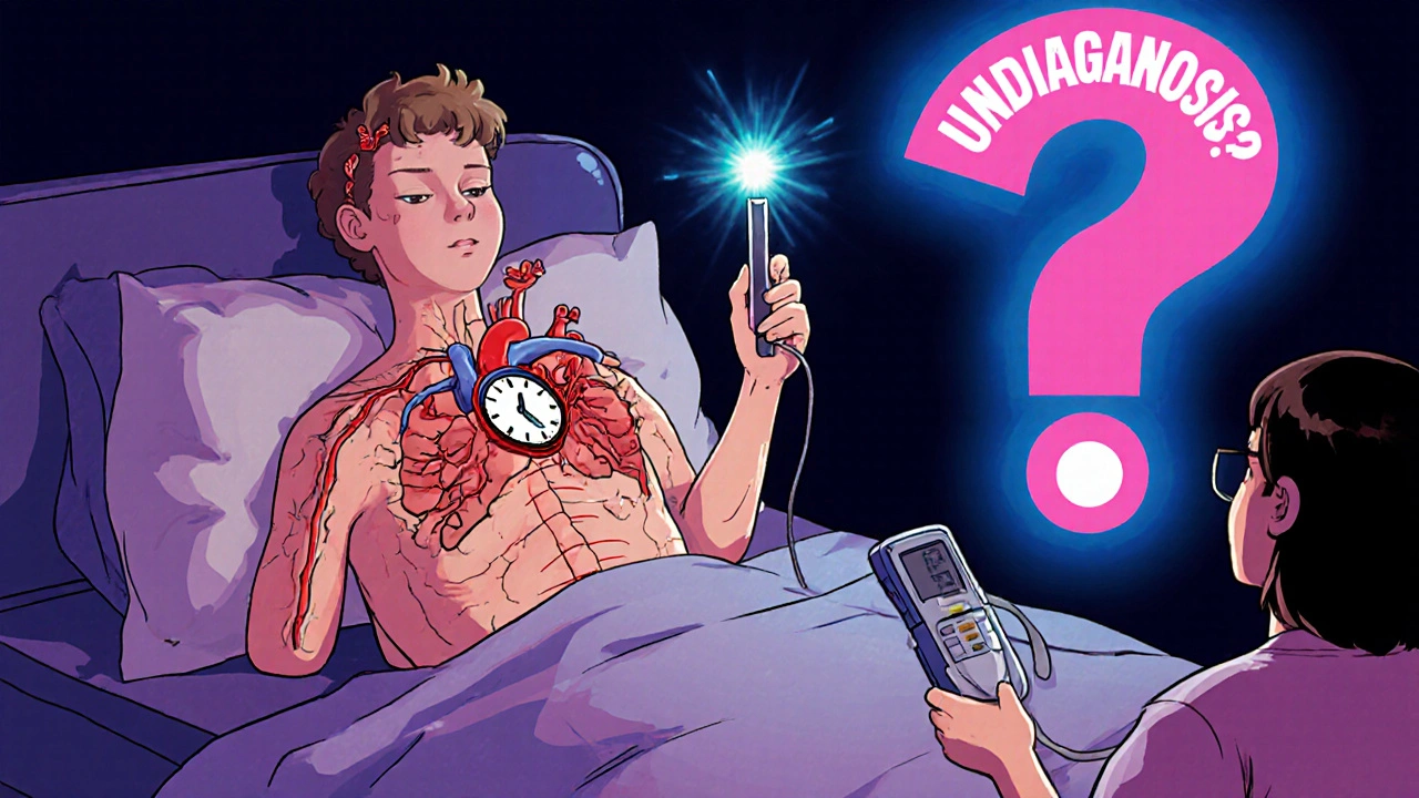 Young person&#039;s heart aging rapidly due to untreated sleep apnea with medical device nearby