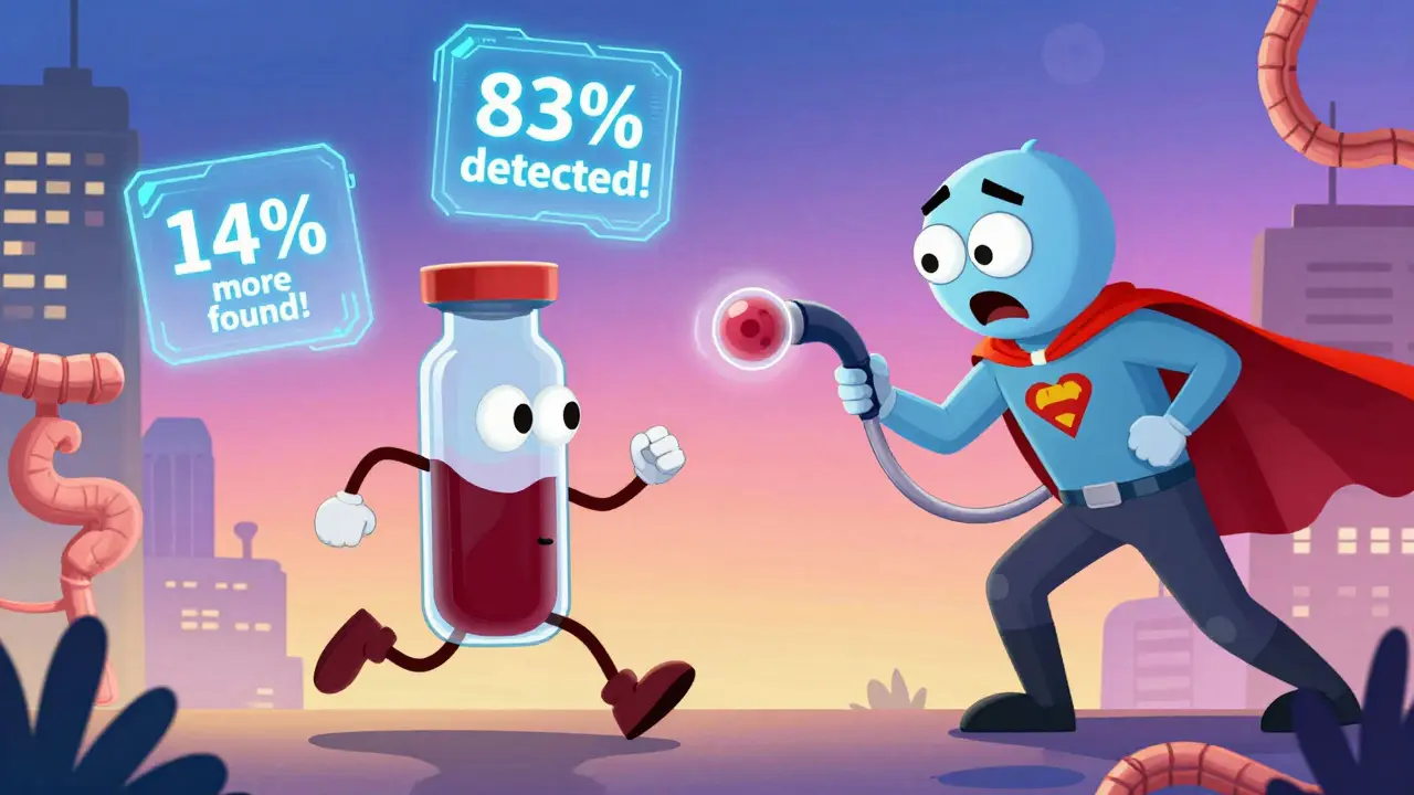 A blood test vial runs away while an AI colonoscope with a cape catches a polyp.