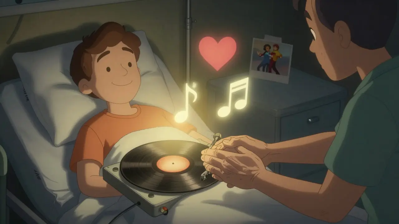 A caregiver holds the hand of a loved one as music and love symbols float gently in the room.