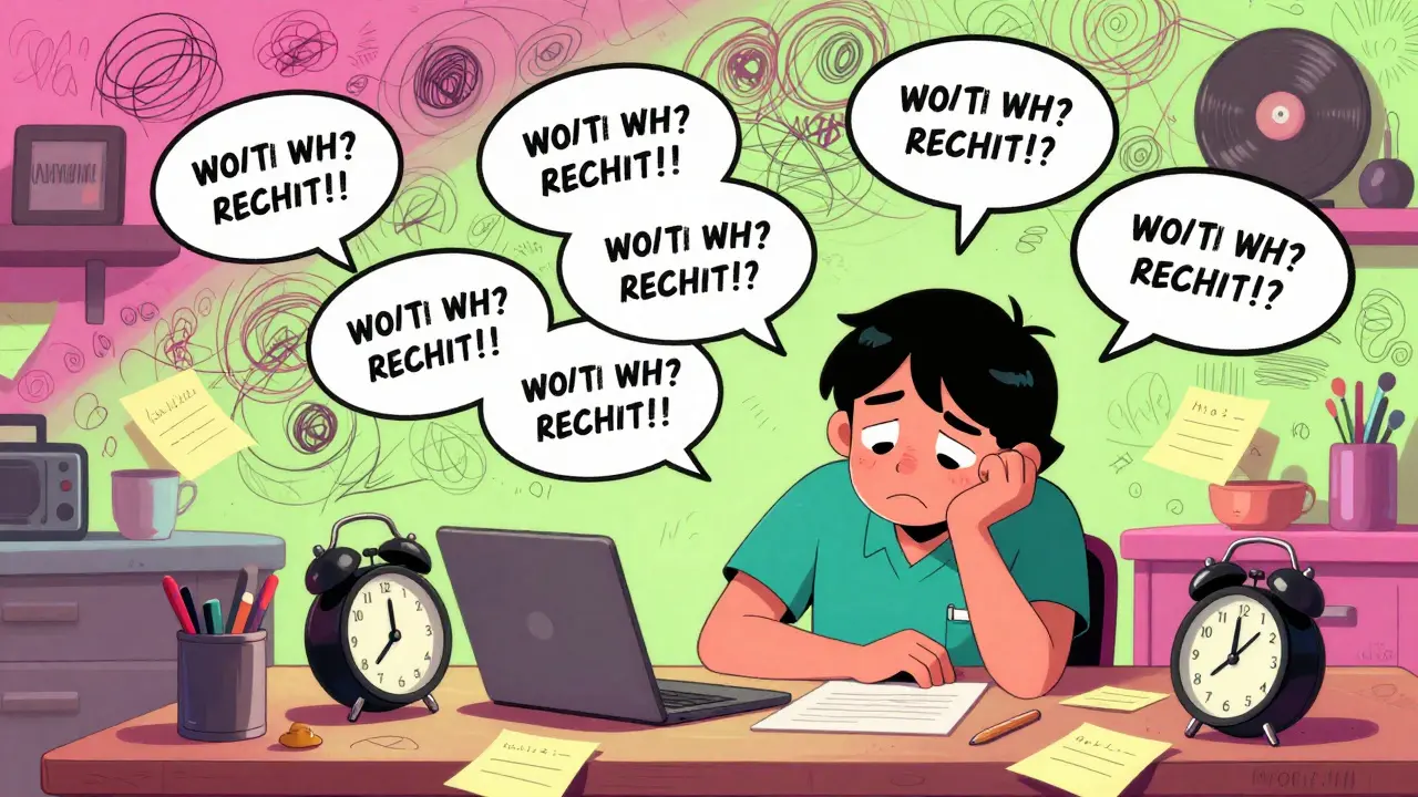 A caregiver overwhelmed by looping questions amid floating reminders and chaotic notes.