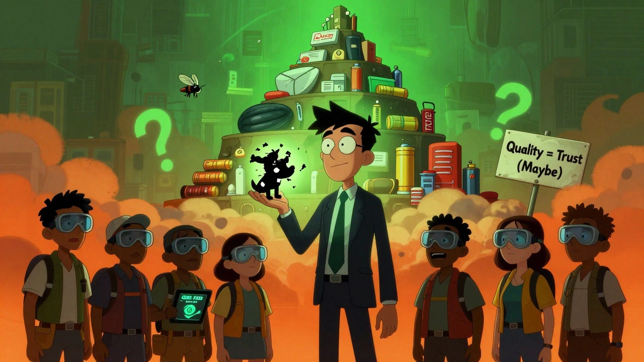 A CEO holds a crumbling brand logo as a pyramid of defective products towers behind them, workers stare up in disbelief.