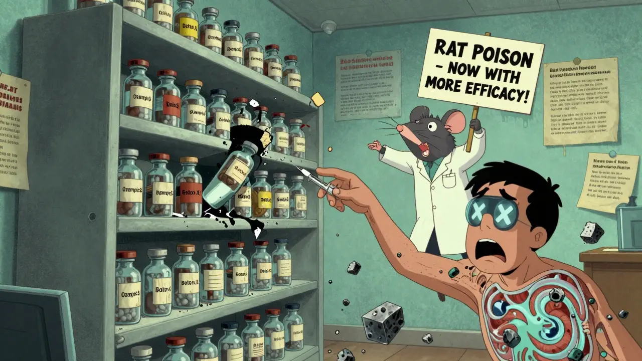 A collapsing pharmacy shelf spills counterfeit vials as a needle-arm reaches out, with toxic elements visible inside a patient's body.