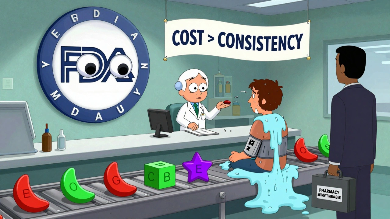 A conveyor belt delivers pills in wild shapes and colors at a pharmacy, while a patient melts into anxiety puddle.