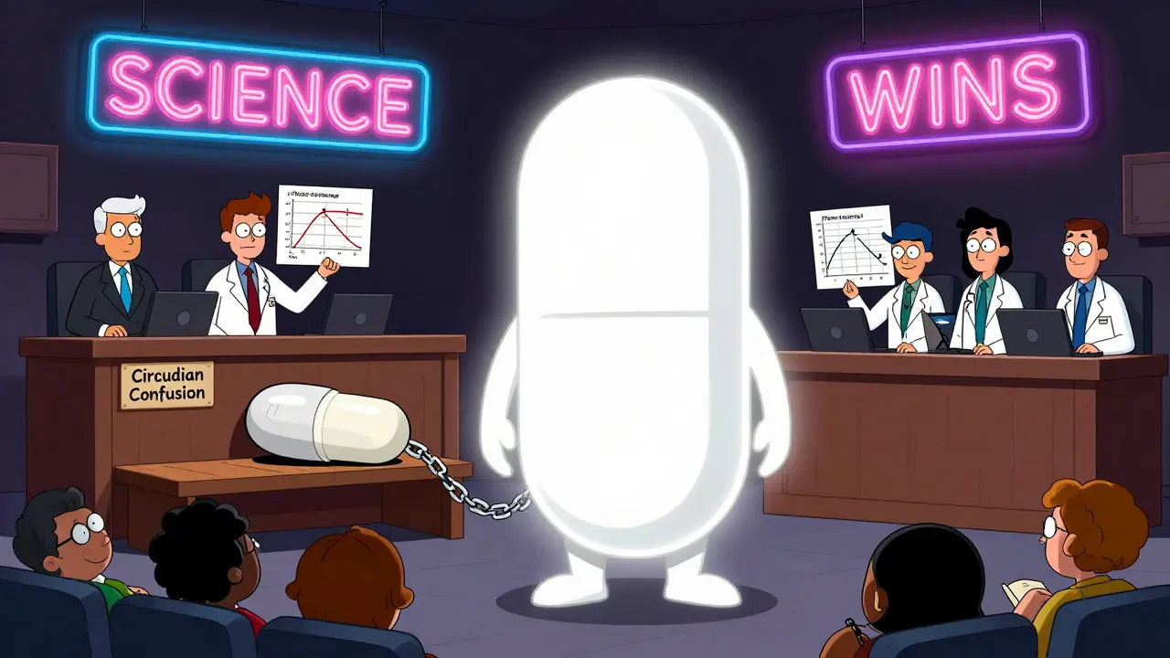 A courtroom where an immediate-release melatonin pill is defended against a slow-dripping time-released pill labeled 'Circadian Confusion.'