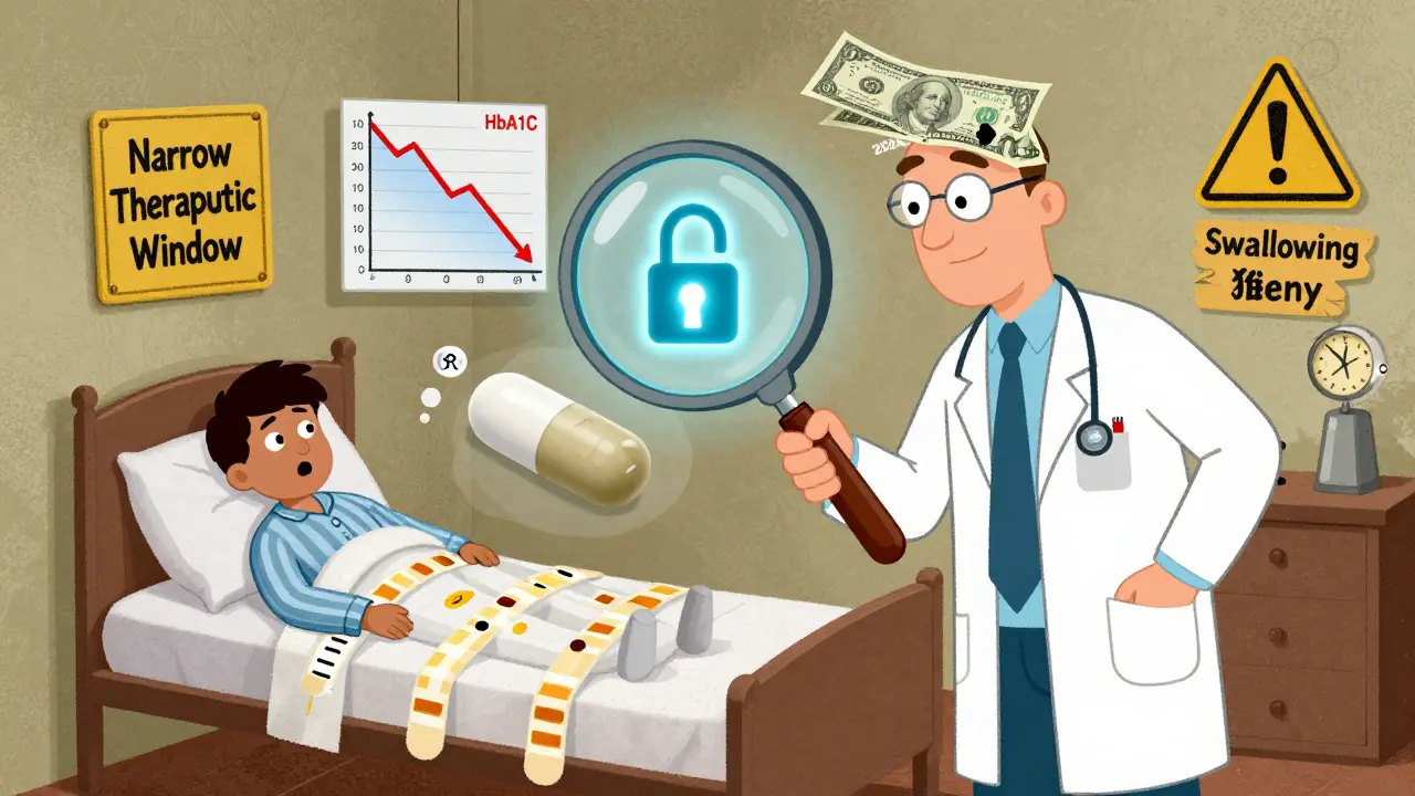 A doctor compares a branded diabetes pill with a future generic, patient watching nervously.