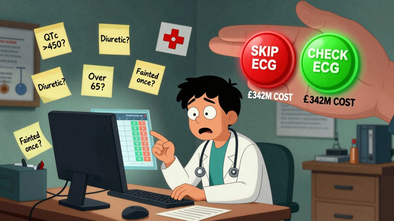A doctor surrounded by floating risk factors and a giant decision button labeled &#039;SKIP ECG&#039; vs &#039;CHECK ECG&#039;.