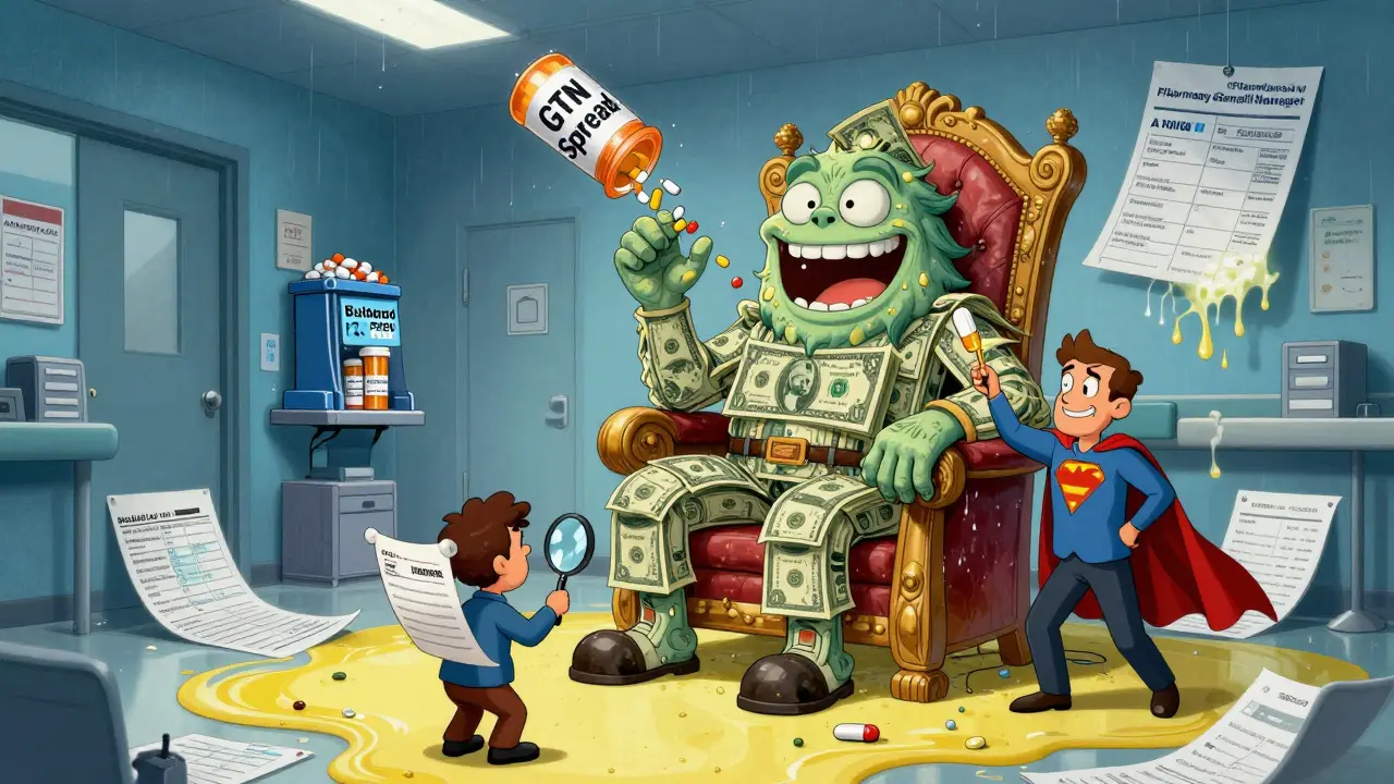 A giant PBM monster made of money shredding brand drugs while a hero offers a generic pill.
