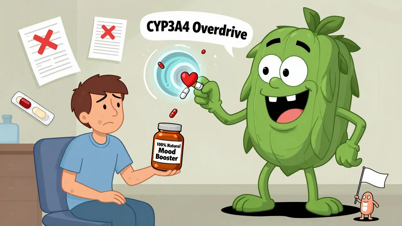 A giant St. John’s wort plant stealing medication from a patient as medical charts shatter around them.