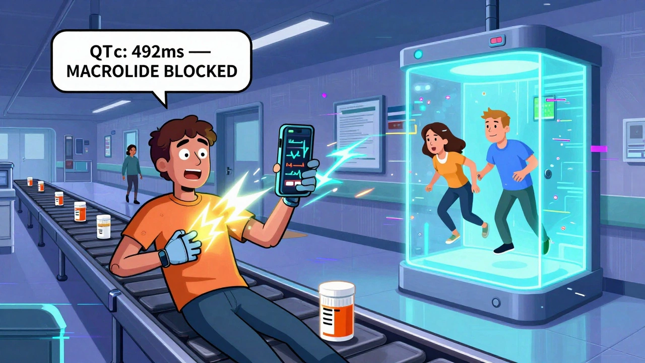 A handheld ECG device zapping a patient as a robotic alert blocks a macrolide prescription.