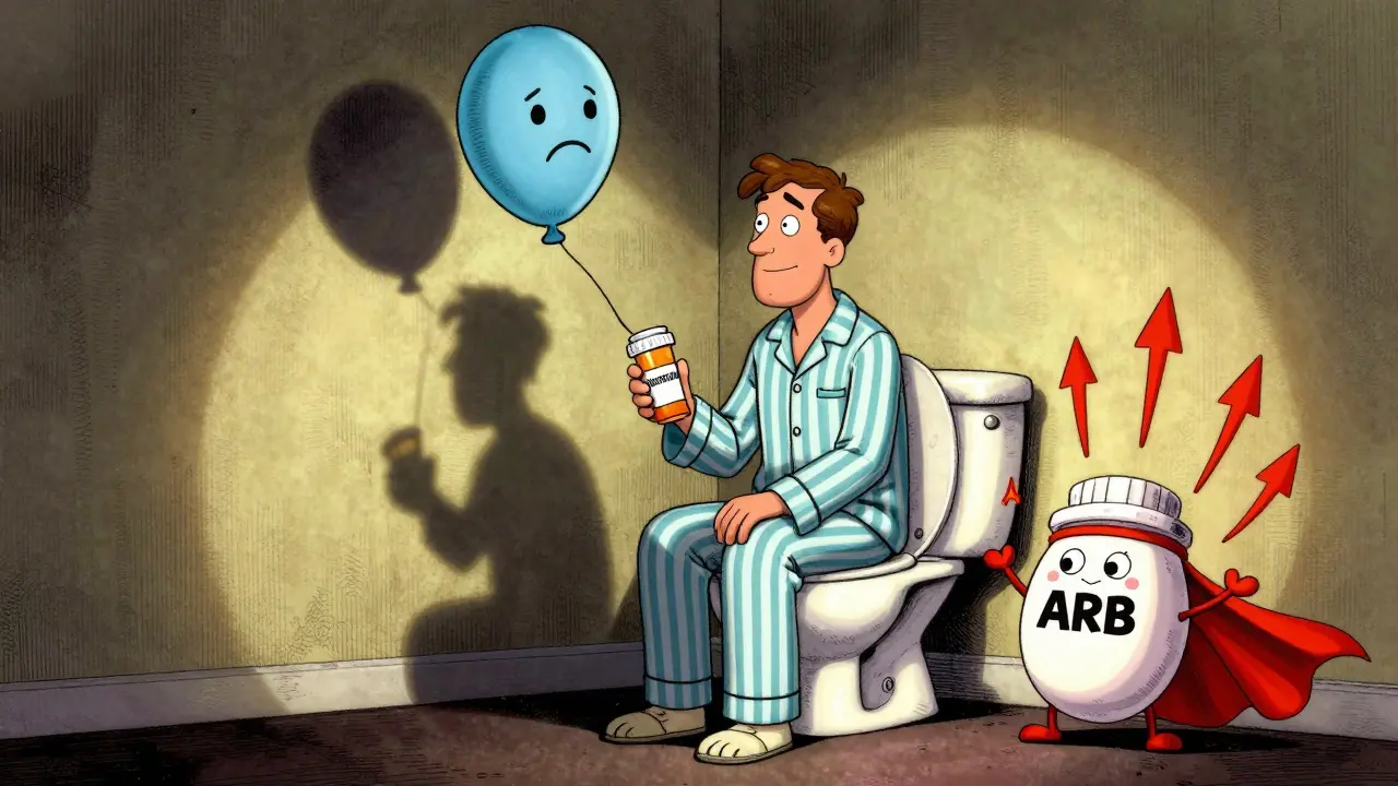 A man on the toilet watches his shadow turn into a deflated balloon, while a superhero pill shines beside him.
