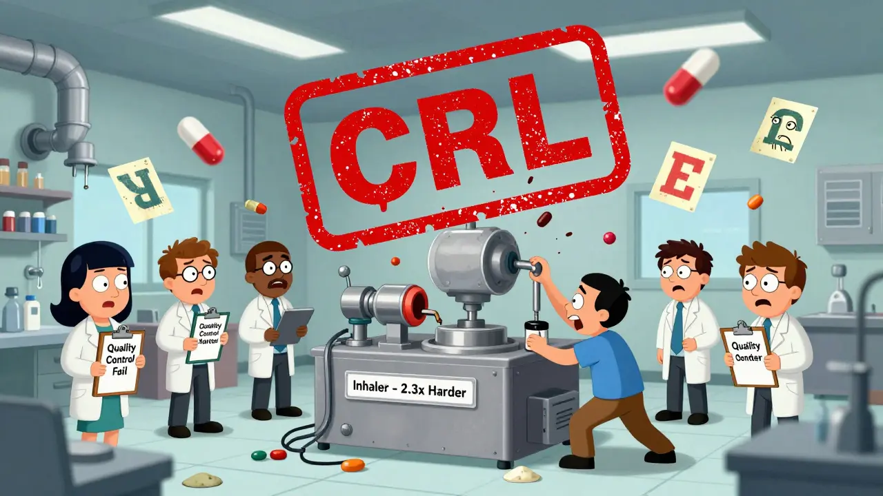 A messy FDA lab with failing quality control, floating defective pills, and inspectors overwhelmed by deficiency letters.