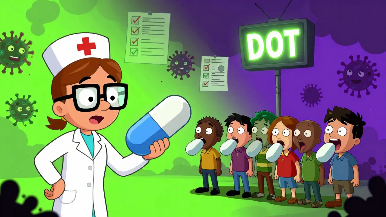 A nurse watches people take pills under a DOT sign as drug-resistant TB monsters dissolve into smoke.