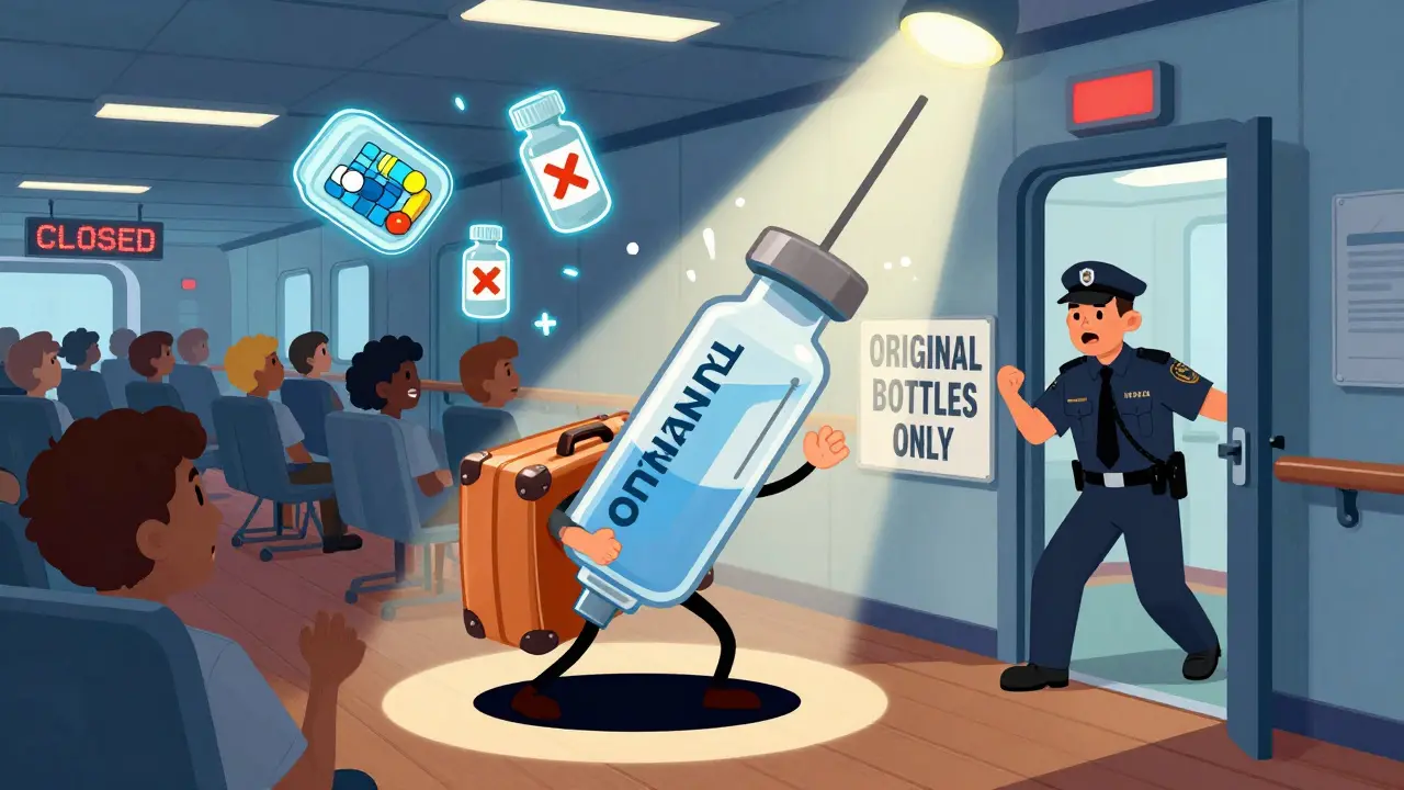 A passenger holding a giant insulin bottle while denied entry to medical center, floating labeled pills and 'ORIGINAL BOTTLES ONLY' sign.