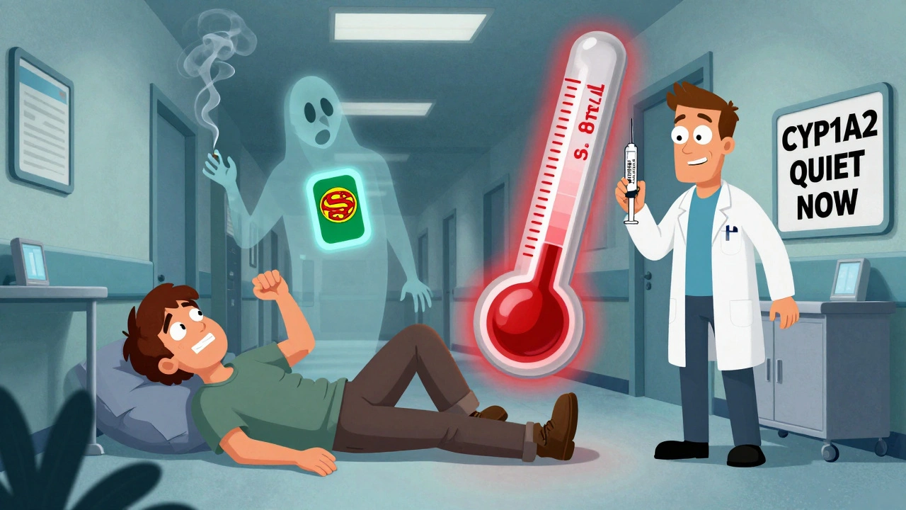 A patient collapsing from clozapine toxicity as blood levels spike, while a ghost of their smoking self fades away.