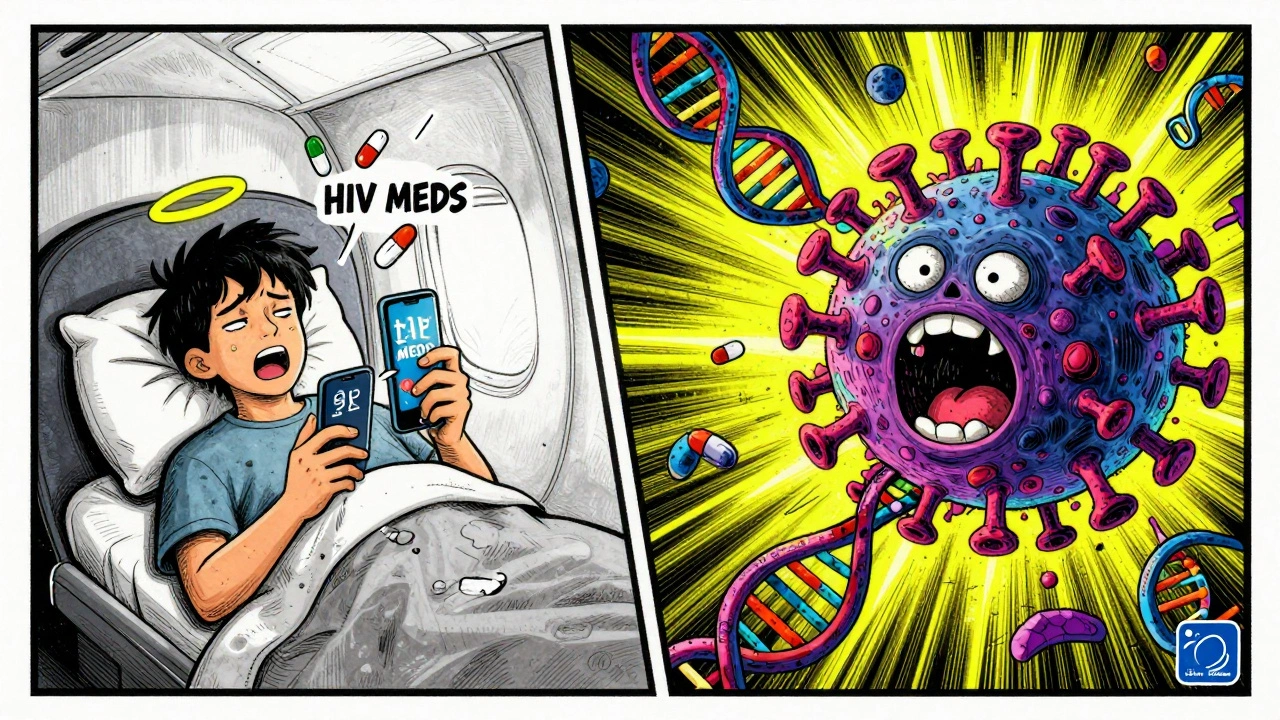A person asleep on a flight with HIV pill alarms, while a monstrous virus spikes their viral load in chaotic neon colors.